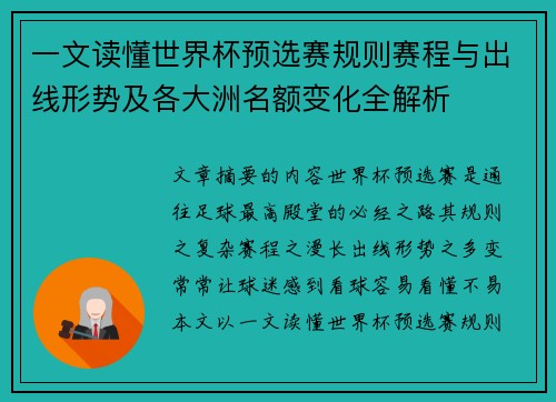 一文读懂世界杯预选赛规则赛程与出线形势及各大洲名额变化全解析