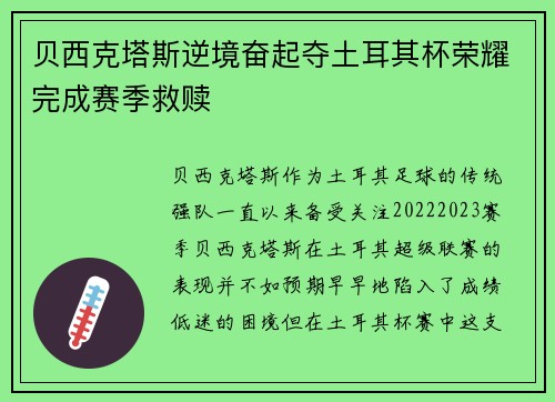 贝西克塔斯逆境奋起夺土耳其杯荣耀完成赛季救赎 贝西克塔斯逆境奋起夺土耳其杯荣耀完成赛季救赎